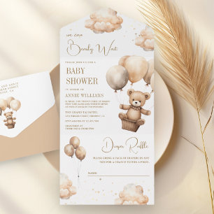 Invitation Tout En Un Fête bébé Ballons Ours en peluche Brun Neutre Bohè