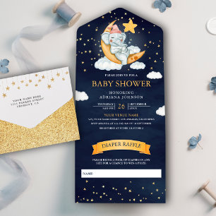 Invitation Tout En Un Fête Bébé Étoiles Scintillantes Lune Éléphant Bleu