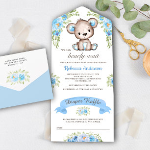 Invitation Tout En Un Fête bébé ours en peluche fleuri aquarelle bleue