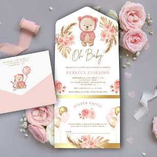 Invitation Tout En Un Fête bébé ourson floral rose pampa bohème