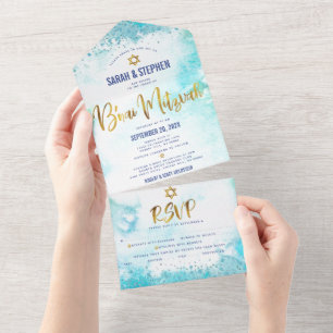 Invitation Tout En Un Fête de Bar Mitzvah Turquoise Aquarelle Or Gras