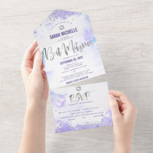 Invitation Tout En Un Fête de Bat Mitzvah Violet Aquarelle Écriture Arge
