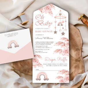 Invitation Tout En Un Fête de bébé arc-en-ciel Bohème Pampas Rose Rose P