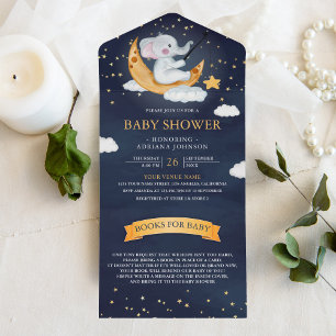 Invitation Tout En Un Fête de bébé Éléphant Bleu Marine Étoiles Croissan