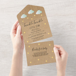 Invitation Tout En Un Fête de bébé neutre Rustique Twinkle Twinkle