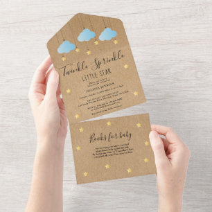 Invitation Tout En Un Fête de Bébé Nuage Bleu Rustique Paillette Scintil