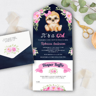 Invitation Tout En Un Fête de bébé Sloth Floral Aquarelle Rose Sur Fond