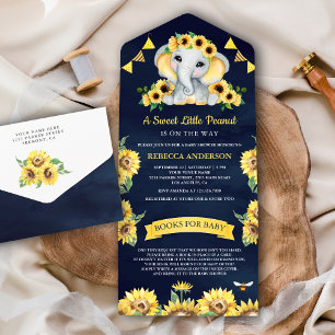 Invitation Tout En Un Fête de Naissance Éléphant Bleu Marine Tournesols