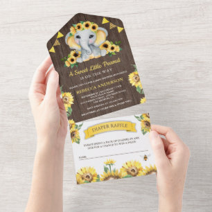 Invitation Tout En Un Fête de Naissance Éléphant Tournesols Bois de Gran