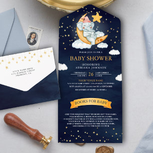 Invitation Tout En Un Fête de Naissance Étoiles Scintillantes Lune Éléph