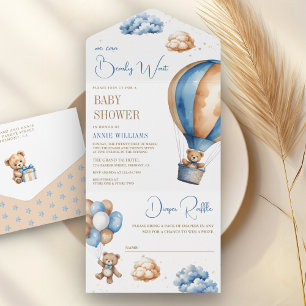 Invitation Tout En Un Fête de naissance ourson montgolfière bleu marron