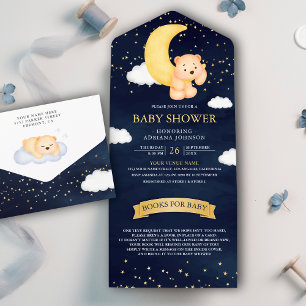 Invitation Tout En Un Fête de naissance Ourson Navy Blue Lune Croissante