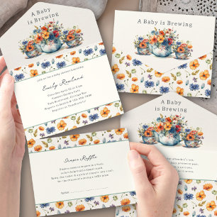Invitation Tout En Un Fête de naissance : théière et tasses à thé pour b