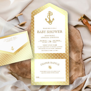 Invitation Tout En Un Fête de naissance thème Nautilus Blanc et Or