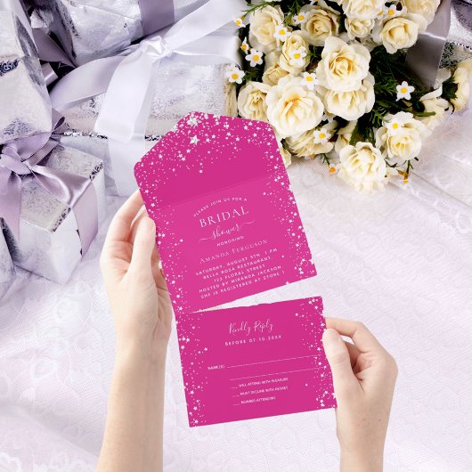 Invitation Tout En Un Fête des mariées étoile blanche rose chaud RSVP