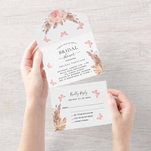 Invitation Tout En Un Fête des mariées pampas fleurons papillon rose RSV (Déchirure)