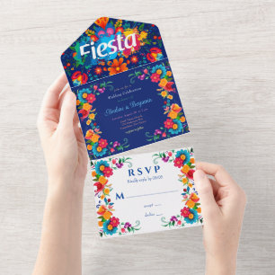 Invitation Tout En Un Fête du Mariage mexicain coloré bleu