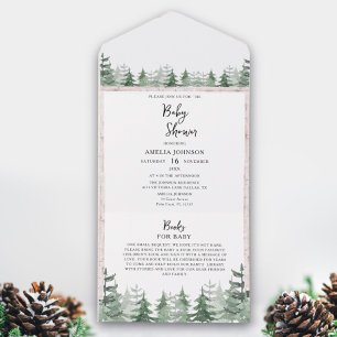 Invitation Tout En Un Fête élégante de naissance Bébé Aquarelle Pin arbr