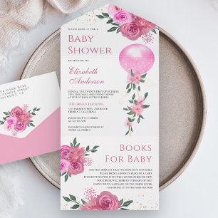 Invitation Tout En Un Fête Prénatale Fille Ballon Floral Rose