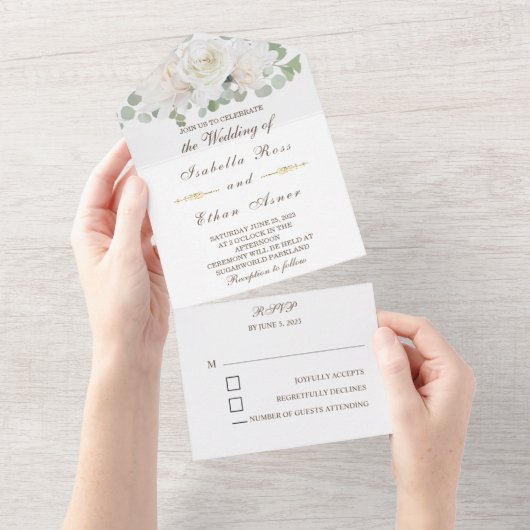 Invitation Tout En Un Fête unique avec Rose blanche et verte (Déchirure)