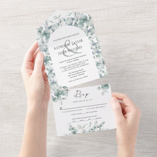 Invitation Tout En Un Feuillage de eucalyptus pour mariage tout compris (Déchirure)