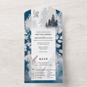 Invitation Tout En Un Feuillage gris bleu sombre de l'hibou d'hiver mont