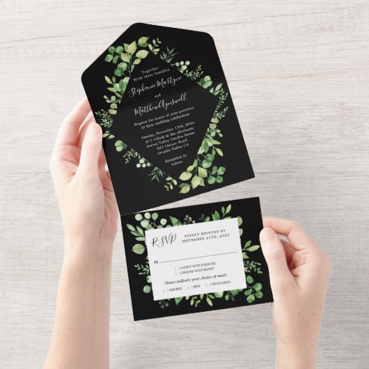 Invitation Tout En Un Feuillage vert Feuille Mariage botanique noir (Déchirure)