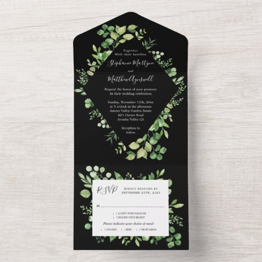 Invitation Tout En Un Feuillage vert Feuille Mariage botanique noir (À l'intérieur)
