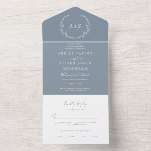 Invitation Tout En Un Feuille minimale | Bleu et blanc (À l'intérieur)