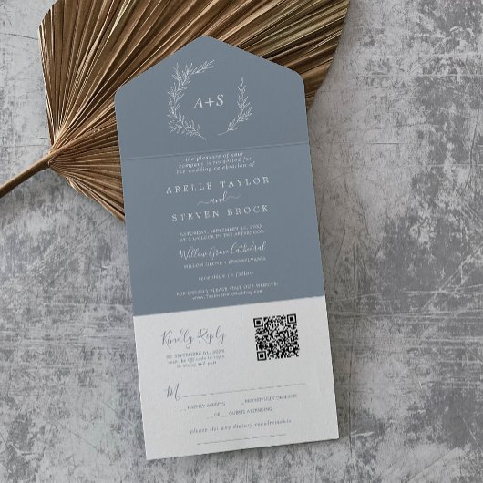 Invitation Tout En Un Feuille minimale | Mariage de code QR simple bleu