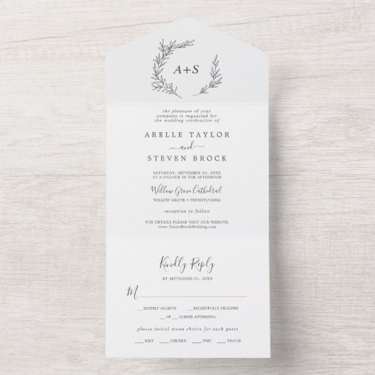 Invitation Tout En Un Feuille minimale | Mariage gris foncé (À l'intérieur)
