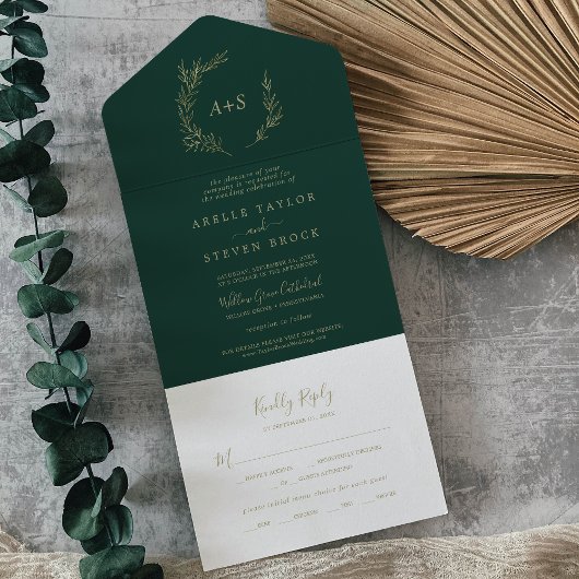Invitation Tout En Un Feuille minimale | Mariage or et émeraude