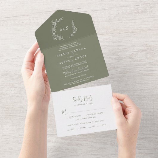 Invitation Tout En Un Feuille minimale | Mariage vert foncé (Déchirure)