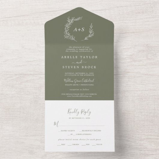 Invitation Tout En Un Feuille minimale | Mariage vert foncé (À l'intérieur)