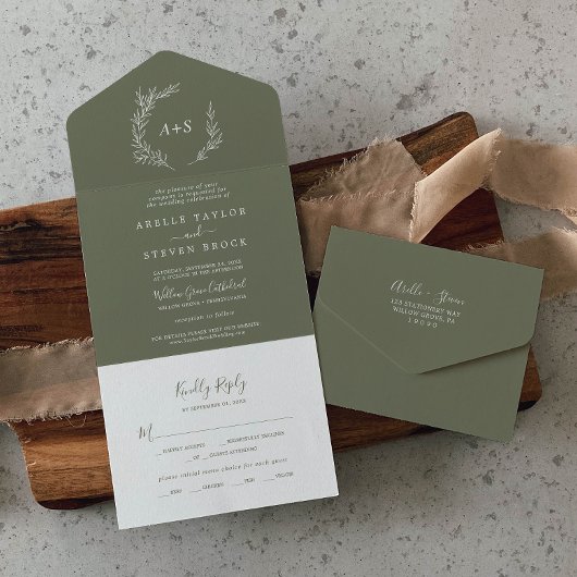 Invitation Tout En Un Feuille minimale | Mariage vert foncé