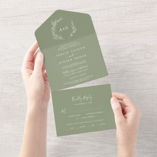 Invitation Tout En Un Feuille minimale | Mariage vert Sage (Déchirure)