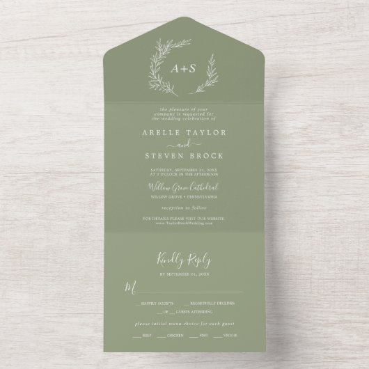 Invitation Tout En Un Feuille minimale | Mariage vert Sage (À l'intérieur)