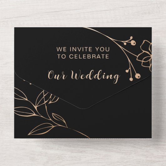 Invitation Tout En Un Feuille noire et or -Mariage (Verso)