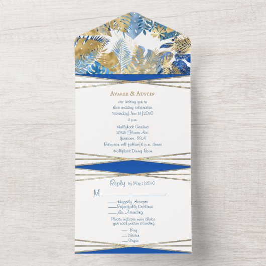 Invitation Tout En Un Feuille Tropicale Gold et Royal Blue (À l'intérieur)