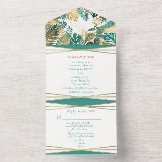 Invitation Tout En Un Feuille tropicale Turquoise et or (À l'intérieur)