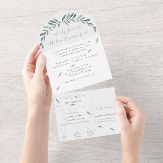 Invitation Tout En Un Feuilles de couronnes bleues et vertes tous en un (Déchirure)