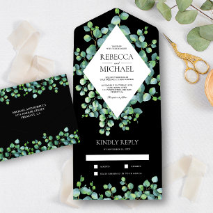 Invitation Tout En Un Feuilles d'Eucalyptus à Cadre Diamant Mariage Noir