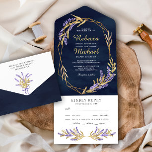 Invitation Tout En Un Feuilles d'or et Lavender Floral Navy Mariage bleu