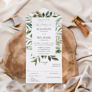Invitation Tout En Un Feuilles et Eucalyptus Mariage rustique
