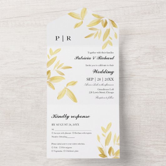 Invitation Tout En Un Feuilles Gold Foil Monogramme Mariage élégant (À l'intérieur)