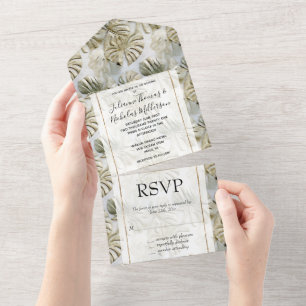 Invitation Tout En Un Feuilles tropicaux Gold Green