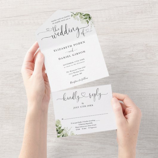 Invitation Tout En Un Feuilles verdure Élégant Script Coeurs Mariage (Déchirure)