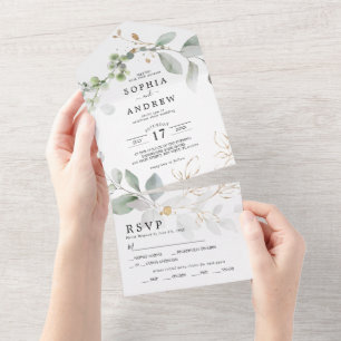 Invitation Tout En Un Feuilles vertes & Or tout en un mariage Inviter