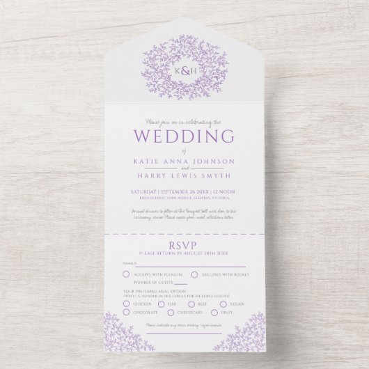 Invitation Tout En Un feuilles violet blanc mariage avec photo RSVP (À l'intérieur)