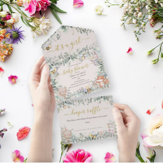Invitation Tout En Un Fille Bois Animaux Aquarelle Boho Baby shower